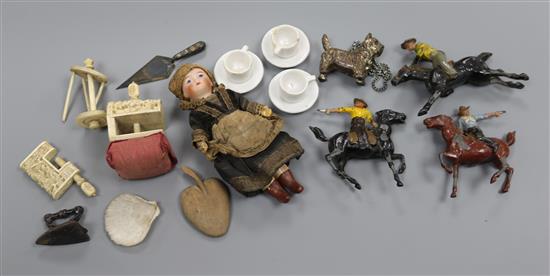 A small doll, sewing ephemera etc